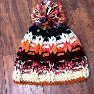 Handknit Chunky Knit Wool Pom Beanie Multicolor Winter Hat Boho Indie Cozy Artsy